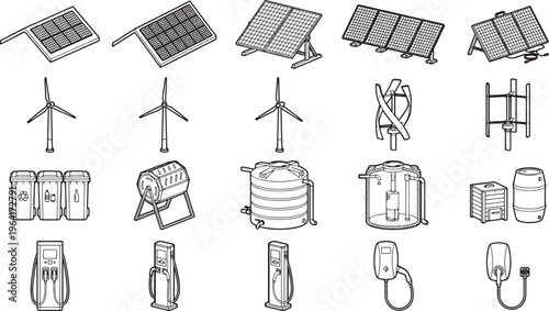 A collection of clean energy symbols showcase various renewable energy source options, highlighting sustainable technologies for environmental conservation.