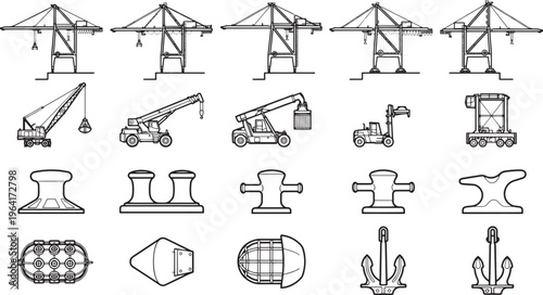 A detailed monochrome illustration showcases essential maritime infrastructure components: cranes, dock equipment, and mooring apparatus, meticulously depicted.