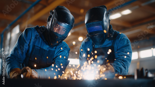 Veteran mentor demonstrating welding technique to younger apprentice in vocational training facility, protective masks lowered momentarily for instruction, sparks frozen mid-flight around metal work