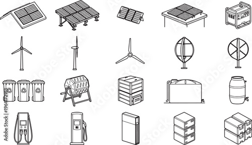 Collection of illustrations showing the many facets of sustainable energy and environmental conservation with the goal of creating a brighter, greener future.