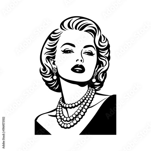 Logotipo boutique de moda. Dibujo con líneas de la cabeza de una mujer con peinado, collar de perlas y ropa estilo vintage 