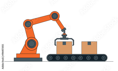 Industrial Robotic Arm Working on Conveyor Belt with Cardboard Boxes Flat Vector Illustration for Smart Factory Automation
