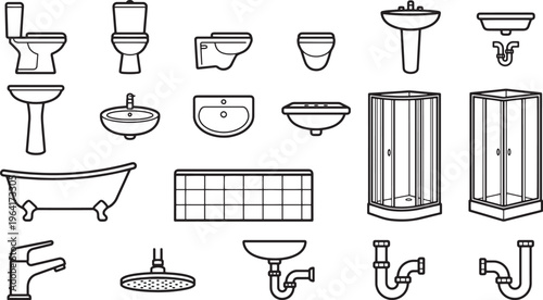 Assortment of bathroom fixtures, featuring various plumbing installations.