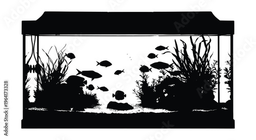 Aquarium scene with fish and plants a striking black silhouette