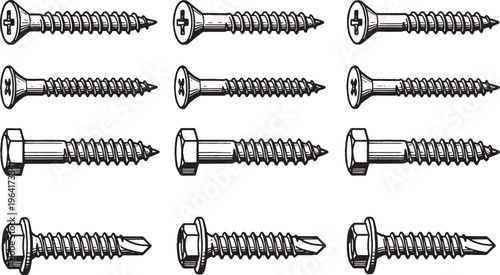 A detailed illustration of various types of screws, highlighting their diverse heads and thread designs.