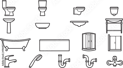 Illustrative icons representing various bathroom fixtures are arranged, offering a comprehensive overview of essential elements. 