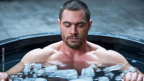 A muscular man with closed eyes immerses himself in an ice-filled cold water bath for recovery or therapy.