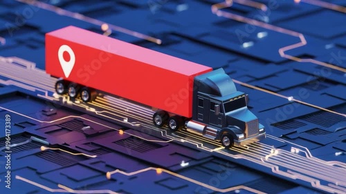 3D illustration of a semi-truck with a red trailer featuring a location pin, driving on a digital circuit board road.