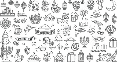Festivals and Celebrations Icon Set Featuring Oktoberfest, Holi, Thanksgiving, and Various Cultural Symbols for Holiday and Party Designs