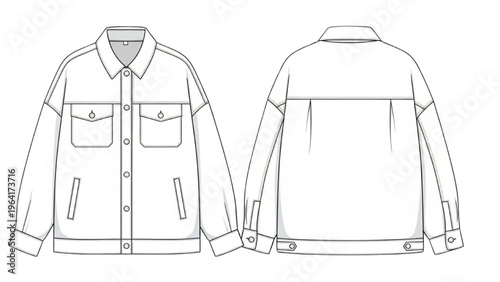 Vector illustration of a denim jacket in CAD design style with front and back views