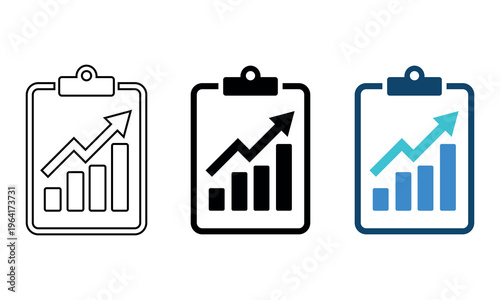 Set of Business Growth Chart Clipboard Icons with Upward Trend Arrows in Outline, Solid, and Blue Styles