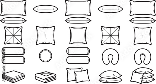 A collection of diverse pillows and blankets arranged neatly in a studio, showcasing a variety of shapes and styles. Ideal for home decor and textile-related design projects.