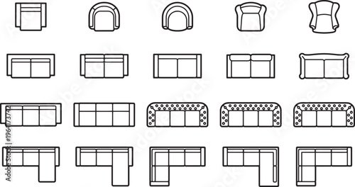 Furniture Layouts: A top-down view of various furniture configurations, showcasing a clean, modern aesthetic perfect for design and architectural projects.