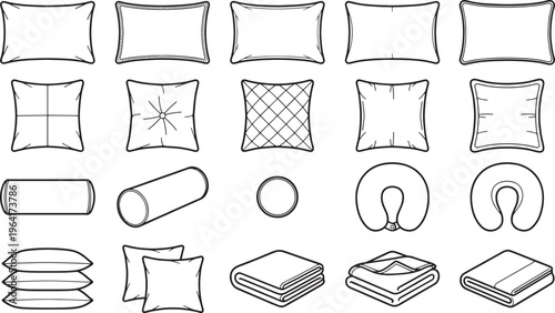A variety of pillow and blanket icons, each exquisitely drawn with lines of varying weight, against a backdrop of pure purity. The collection captures a serene essence of comfort and relaxation.