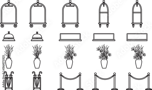 Hotel service line icons collection, presenting elements like luggage carts, bellhops, hotel lobby elements, creating a cohesive visual narrative.
