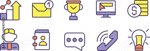 Collection of icons representing various business and communication concepts