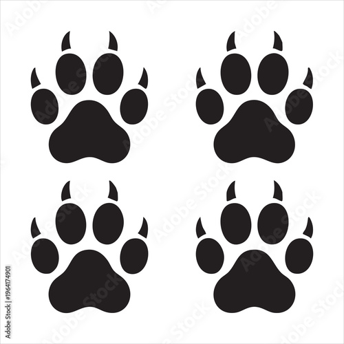 Set of four black wolf paw prints on white background isolated vector illustration