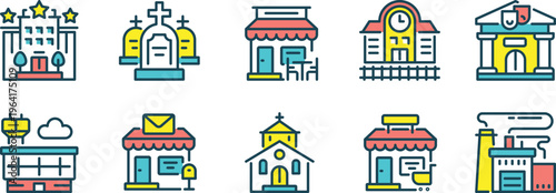 Colorful illustrated icons of various community buildings and landmarks