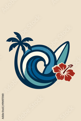 Logo agencia de viajes. Vacaciones en Hawái. Dibujo con líneas de un paisaje con la palma, flor de hibisco, tabla de surf y olas de mar con forma circular 