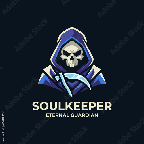 This striking logo features a hooded grim figure brandishing a scythe, illustrating the duality of life and death, and encapsulating the essence of guardianship.