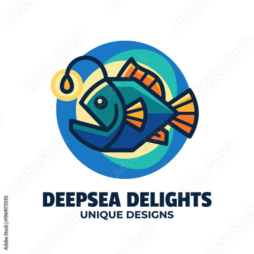 An attractive logo portraying a cartoon fish with fishing elements, symbolizing adventure and creativity in the deep sea.