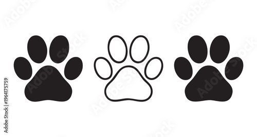 Cat and dog paw print icon set with outline and solid black silhouette versions for pet logo design