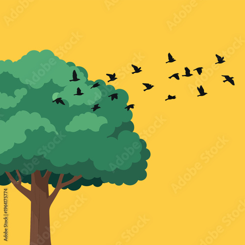 A vibrant yellow background with a lush green tree on the left and a flock of black birds flying across the right side