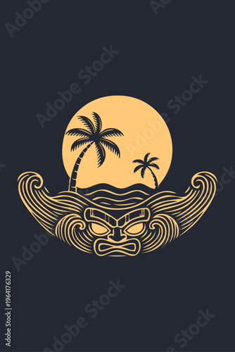 Logotipo agencia de viajes. Vacaciones en Hawái. Dibujo con líneas de un paisaje con la palma, la cara de un dios tiki, un círculo y olas de mar con fondo azul	