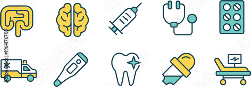 Illustrations of various medical and healthcare-related icons