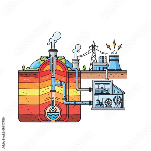 Geothermal energy diagram illustrating the process of generating electricity from underground heat
