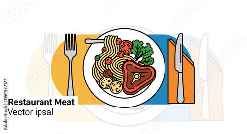 A delicious steak dinner with pasta and vegetables served on a plate with cutlery, representing a restaurant meal.