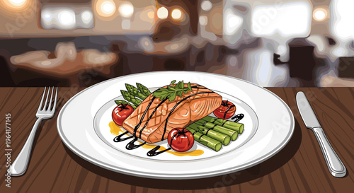 A beautifully plated salmon fillet with asparagus and cherry tomatoes, drizzled with balsamic glaze, served on a white dish in a restaurant.