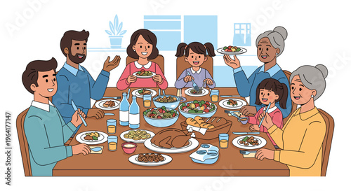 A happy multi-generational family enjoying a festive meal together at a dining table, sharing food and conversation.