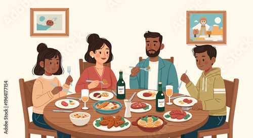 A diverse family enjoys a festive meal together around a wooden dining table laden with various dishes and drinks.