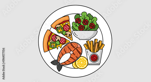 A white plate filled with a diverse meal including pizza slices, grilled salmon, french fries with ketchup, and a fresh green salad with cherry tomatoes and lemon slices.