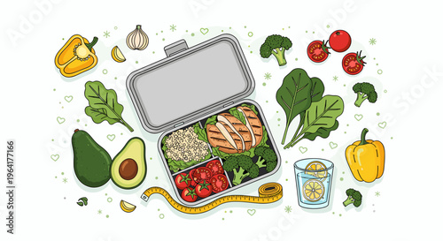 Healthy meal prep lunchbox with grilled chicken, vegetables, and fresh ingredients for a balanced diet.