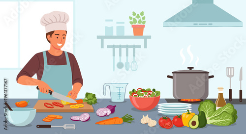 A male chef in an apron and hat is happily chopping fresh vegetables on a wooden board in a bright, modern kitchen with a steaming pot and salad bowl.