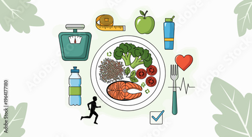 An illustration showing a balanced diet with healthy food, exercise, and wellness symbols like a scale, apple, and water bottle, promoting a healthy lifestyle.