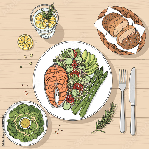 A top-down illustration of a healthy meal featuring salmon, quinoa, asparagus, avocado, and a side salad on a wooden table.