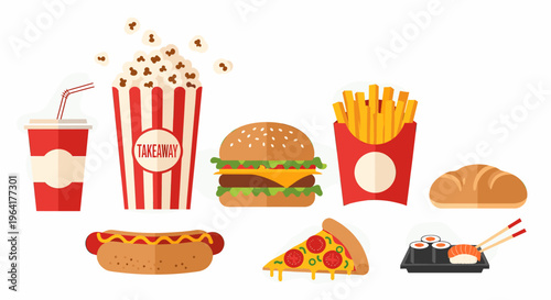 A vibrant collection of popular fast food items including a burger, pizza, hot dog, fries, popcorn, soda, sushi, and a bread roll on a white background.