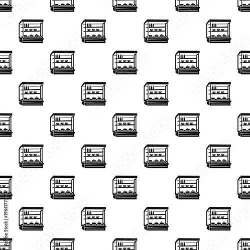 Refrigerator display cases showcasing food and drinks repeating in a commercial pattern