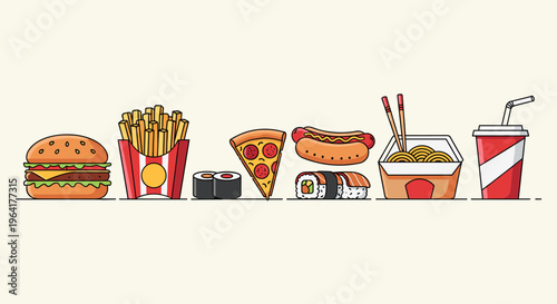 A collection of popular fast food items and snacks in a flat design illustration style, including burgers, fries, pizza, sushi, hot dogs, noodles, and soda.