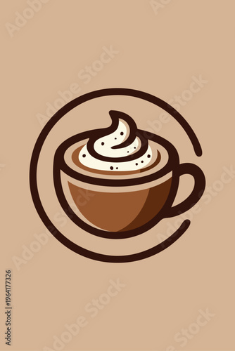 Logo cafetería. Dibujo sencillo con líneas de una taza de café cubierto con crema batida y canela, en un círculo 
