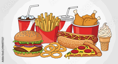 An assortment of popular fast food items including a hamburger, french fries, soda, fried chicken, hot dog, onion rings, pizza slice, and ice cream cone.