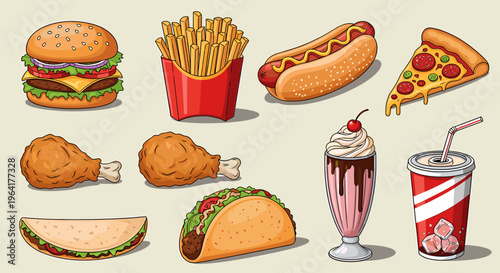 A vibrant collection of popular fast food items including a burger, fries, hot dog, pizza, fried chicken, taco, quesadilla, milkshake, and soda.