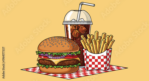 A delicious-looking double cheeseburger with lettuce, tomato, and onions, served with a side of crispy french fries and a large soda with ice and a straw.