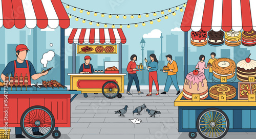 A vibrant street food market scene with various food stalls, people browsing and enjoying treats, and pigeons pecking at the ground.