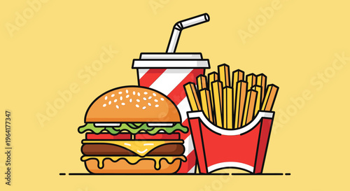 A delicious-looking hamburger with melted cheese, a cup of soda with a straw, and a box of french fries, all presented against a plain yellow background.