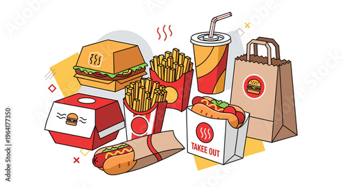 A vibrant illustration showcasing a variety of fast food items, including burgers, hot dogs, french fries, and drinks, presented in a visually appealing arrangement.