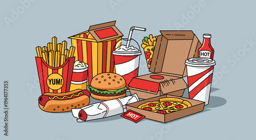 A vibrant and colorful illustration showcasing a diverse assortment of popular fast food items arranged together.